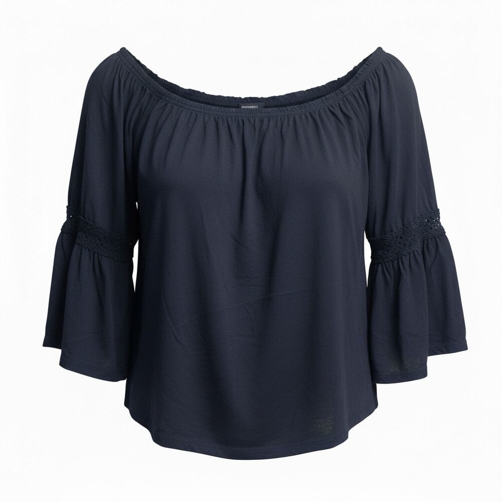 Forever 21 Boho Navy Blue Flowy Blouse Top S Juniors Peasant Festival Chiffon - Picture 2 of 9